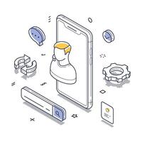 Online tech support help illustration isometric line art design elements and tools vector