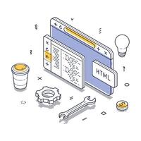 Web development elements featuring coding, tools, and icons isometric line art vector