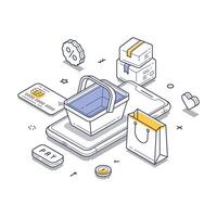 Online shopping elements showing a basket, phone, payment options, and packages for digital commerce vector