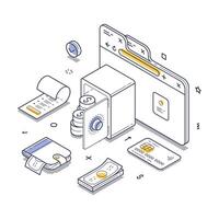 Digital finance concepts with money, credit cards, and financial tools in a modern setting vector