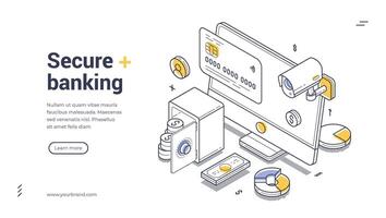 Secure online banking with digital elements and financial icons isometric line art web banner, landing page template vector