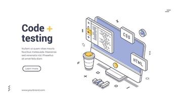 Code testing modern isometric line art web banner for web development vector
