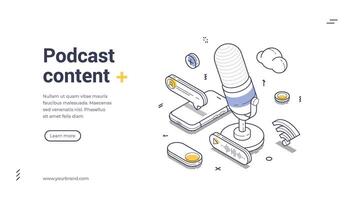 Podcast content modern isometric line art web banner vector