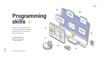Programming skills modern isometric line art web banner template vector