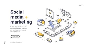 Marketing concepts with smartphone and promotional elements line art isometric web banner, landing page template vector