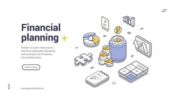 Financial management tools and elements line art isometric web banner, landing page template vector