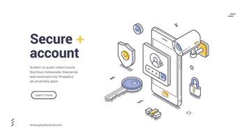 Digital security concept with smartphone, camera, and keys isometric line art web banner, landing page template vector