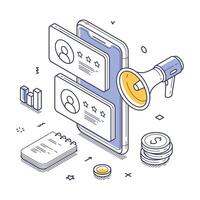 Online reviews and feedback mechanisms with a smartphone and a megaphone isometric line art vector