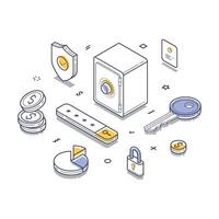 Isometric line art illustration depicting elements of security, finance, and data protection vector
