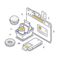 Isometric line art illustration of online food and grocery ordering with payment methods vector