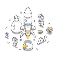 Startup success concept with a rocket launch, money bags and growth icons for innovation vector
