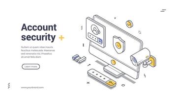 Secure digital environment featuring a computer, surveillance camera, and login elements web banner vector