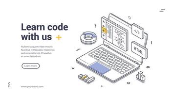 Laptop displaying HTML code with design elements around a workspace setup isometric line art web banner, landing page template vector