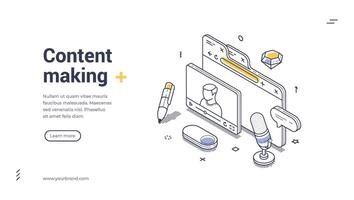 Modern digital content maker isometric web banner in line art style vector