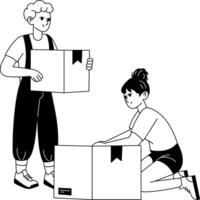 A glyph illustration of two characters packing stuff in boxes vector