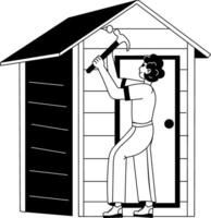 A character doing house repairing with hammer, glyph illustration vector