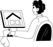 A glyph illustration of a character seeing an online house on a system vector