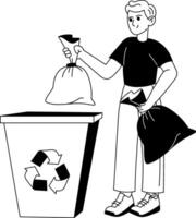 A character throwing trash in a dustbin, glyph style illustration vector