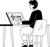 A glyph illustration of a character checking virtual property on a laptop vector