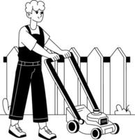 A glyph illustration of a character trimming grass with lawn mower vector