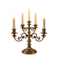 Ornate Brass Candelabra Five Lit Candles Intricate Scrollwork Antique Gold Finish Baroque Style Elegant Centerpiece Candlelight Glow png