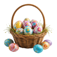 Easter Basket with Colorful Painted Eggs and Floral Patterns on Transparent Background png