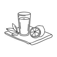 A glass of freshly squeezed juice on a table next to a napkin with citrus peels vector