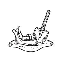 A close up of a jawbone fossil partially buried in the sand near an old excavation tool vector