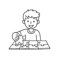 A boy carefully placing the last piece into a jigsaw puzzles board, completing the image vector