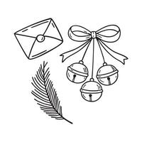 A set of jingle bells tied with a ribbon, resting beside a sprig of pine and a folded holiday card. vector