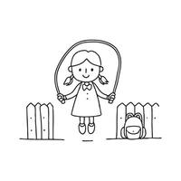 A child skipping with a jump rope near a schoolyard fence with a backpack leaning against it vector