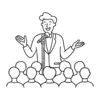A standup comedian delivering jokes on stage while the audience laughs in the crowd vector