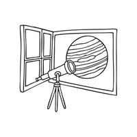 A telescope in an observatory with an open window, offering a view of the planet Jupiter vector