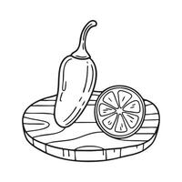 A jalapeno pepper resting on a rustic wooden table next to a lime vector