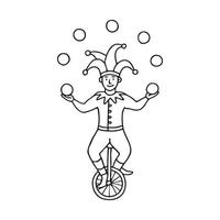 A jester juggling while riding a unicycle, balancing effortlessly as he performs. vector