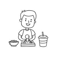 A boy playing with an old joystick gamepad on arcade game, with a snack bowl beside vector