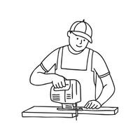 A carpenter guiding a jigsaw blade through a piece of wood while a ruler rests on the table vector