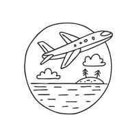 A jet flying low over the ocean and a small island among clouds. vector