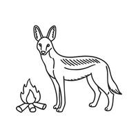 A jackal standing alert in an open savanna near the remains of an old campfire vector
