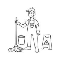 A janitor mopping the floors while a Caution sign stands nearby and bucket vector