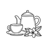 A jasmine flower blooming on a garden, next to a table with hot teacup vector