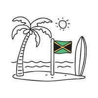 A beach with palm trees, a surfboard, and the Jamaica flag in the pole vector
