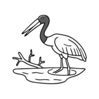 A jabiru wading through shallow waters, searching for fish near a fallen tree branch vector