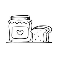 A jar of jam sitting on a kitchen counter next to a slice of toasted bread vector