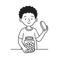 A child grabbing a handful of jellybeans from an opened jar with their hands vector