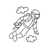 A man wearing a jetpack and helmet, flying effortlessly above the ground as flames shoot from the exhaust vector