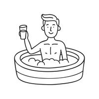 A bubbling jacuzzi with steam rising, as a person relaxes in the water, holding a glass of water on the edge vector