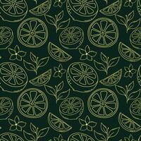 Lemon Seamless Pattern. Hand drawn outline lemon pattern design with lemon flowers, leaves, half cut lemons and lemon slices for fabrics, wallpaper vector