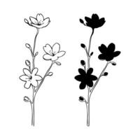 Branch set of blooming cherry blossoms in doodle sketch style, contour hand drawing, isolated on white background. Spring sakura. vector