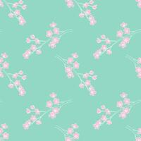 Spring vibe pattern cherry blossom branch sketch drawing, flowers contour stylized drawing. On mint background. vector